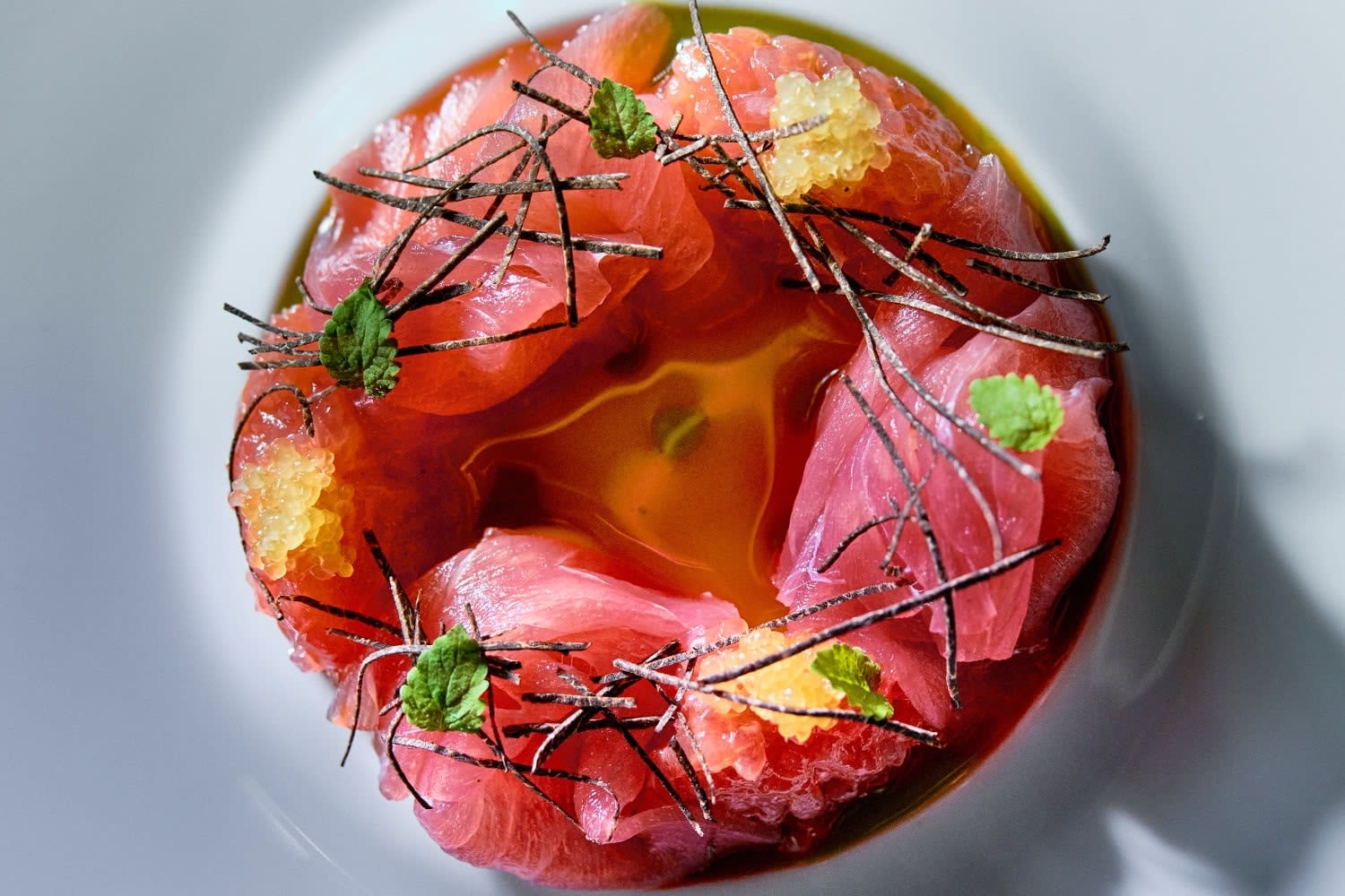 Tuna, jamon, finger lime, truffle dish at Society